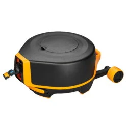 Fiskars Schlauchwagen Waterwheel Automatik XL, Für ½'-5/8", Schlauchdüse, Rasenspieß, Schwarz-orange -Garten Sicht Verkäufe 0930200501 Schlauchwagen Automatik XL mit Raedern 360 78975